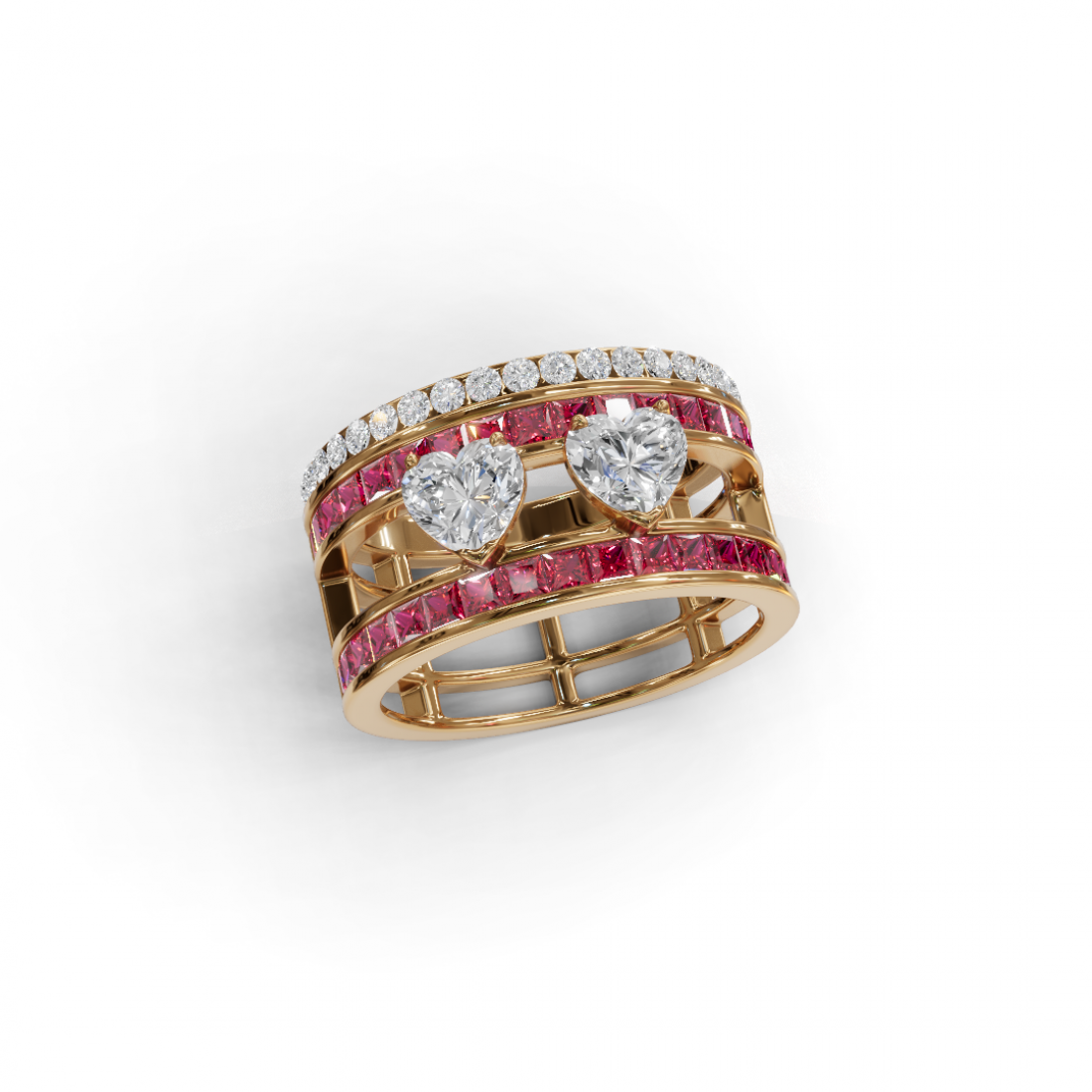 Double Heart Cut Diamond Solitaire Ring with Touch of Pink Diamonds  