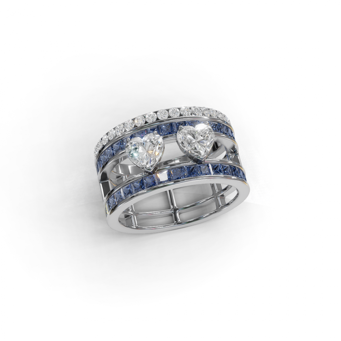 Double Heart Cut Diamond Solitaire Ring with Touch of Pink Diamonds  