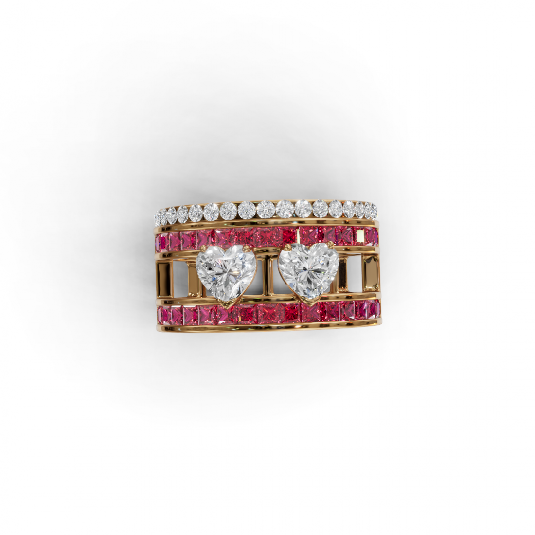 Double Heart Cut Diamond Solitaire Ring with Touch of Pink Diamonds  