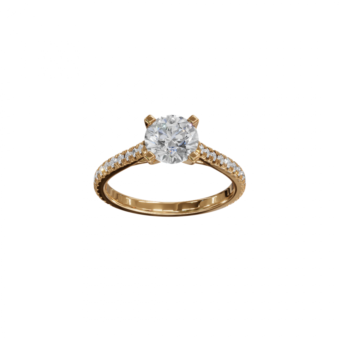 Four Prong Classic Round Shaped Diamond Ring – Cathedral Pavé Setting