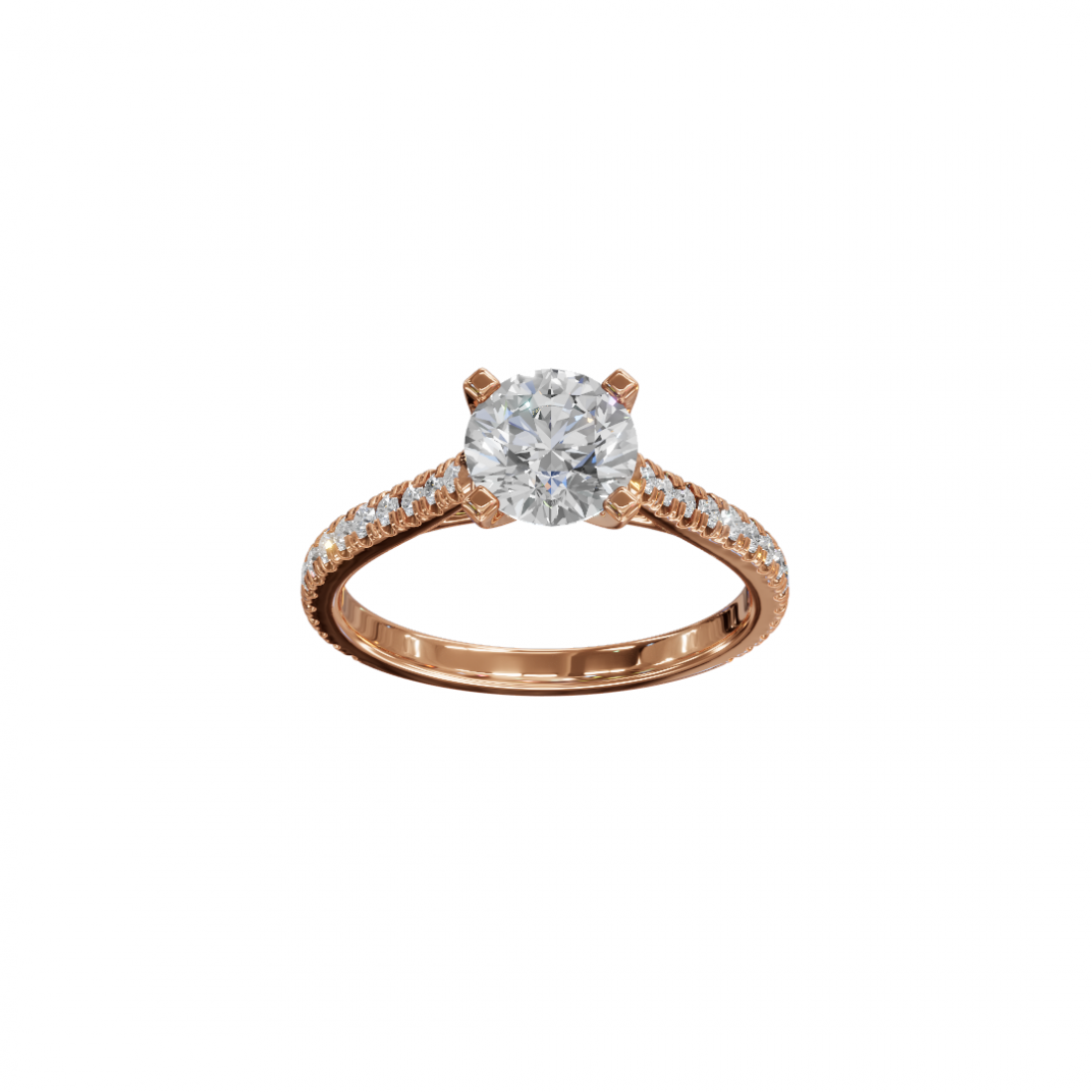 Four Prong Classic Round Shaped Diamond Ring – Cathedral Pavé Setting
