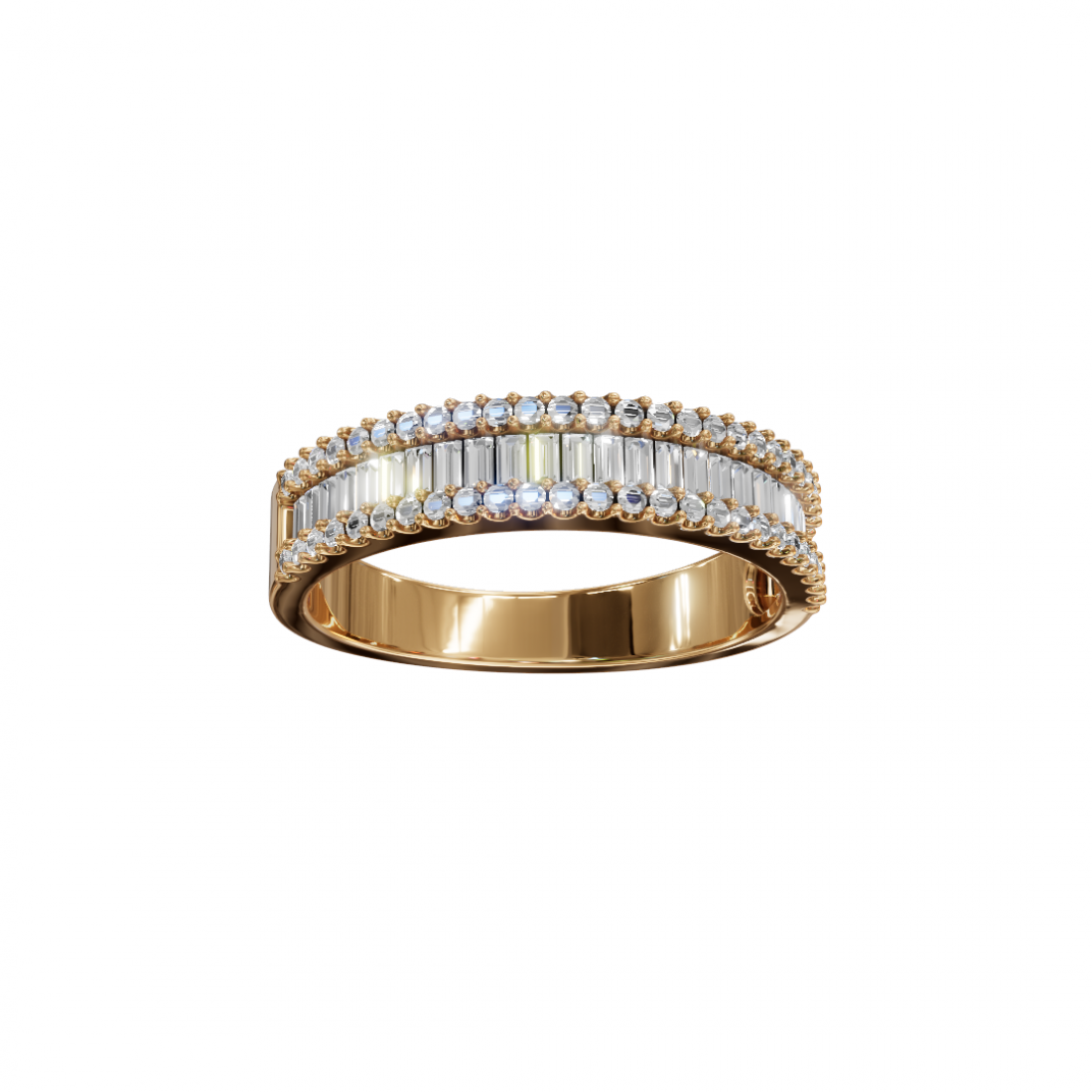 Baguette and Round Diamond Triple Row Band