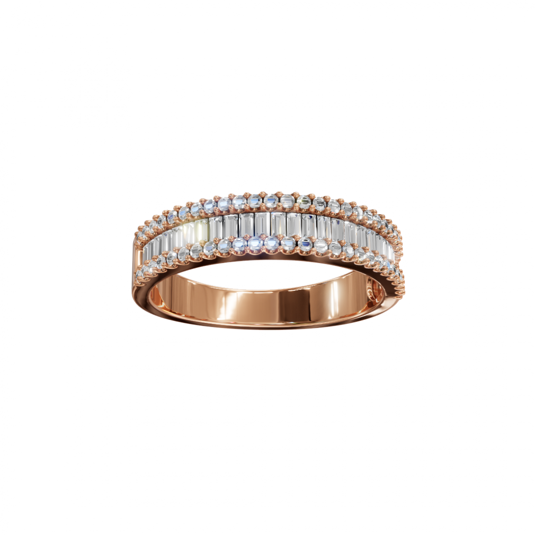 Baguette and Round Diamond Triple Row Band